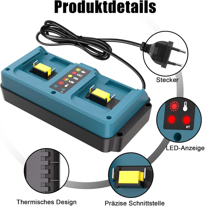 KUNLUN Dual Port Ladegerät für Makita 18V Akku, Ersatz DC18RD Ladegerät kompatibel mit Makita 14,4v-