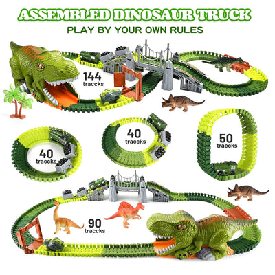 deAO Dinosaurios Juguetes Niños 3 4 5 6 Años Pista de Coches, con jaula de transporte de dinosaurios