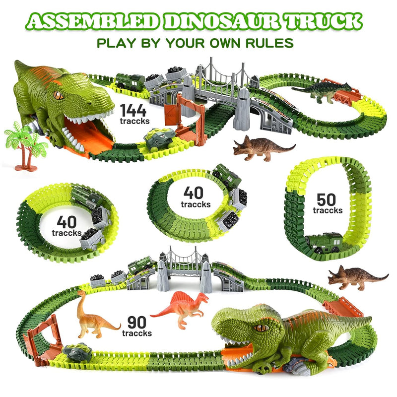 deAO Dinosaurios Juguetes Niños 3 4 5 6 Años Pista de Coches, con jaula de transporte de dinosaurios