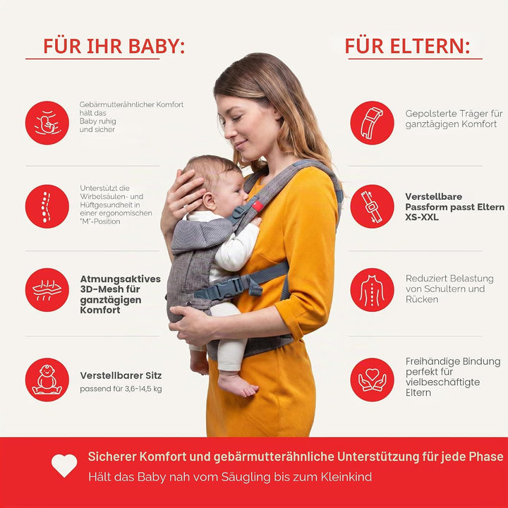 YOU+ME 4-in-1 Babytrage Neugeborene ab Geburt bis Kleinkind (3,6–14,5 kg) - Ergonomische, hüftfreund