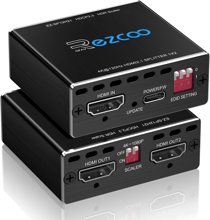 4K 120Hz HDMI 2.1 Splitter 8K 60Hz 1 in2 Out VRR ALLM HDCP2.3 HDR10 8KUHD Dolby Vision Atmos Scaler