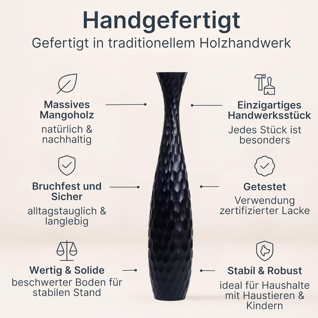 Leewadee Grosse Bodenvase für Dekozweige hohe Standvase Design Holzvase, Holz, 90 cm, Schwarz 90 cm