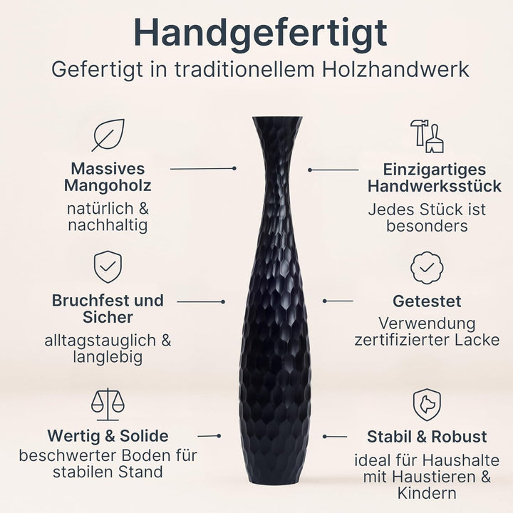 Leewadee Grosse Bodenvase für Dekozweige hohe Standvase Design Holzvase, Holz, 90 cm, Schwarz 90 cm