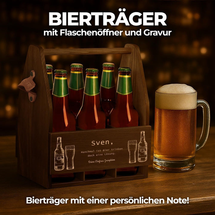 Maverton Bierträger für 6 Flaschen 0,5L + Gravur - Männerhandtasche mit Flaschenöffner - Grösse: 25x