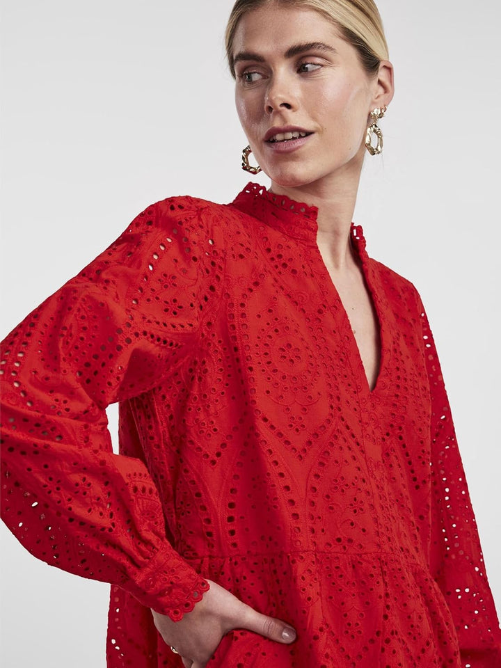 YAS Damen Yasholi Ls Dress S. Noos Stufenkleid, XS Fiery Red