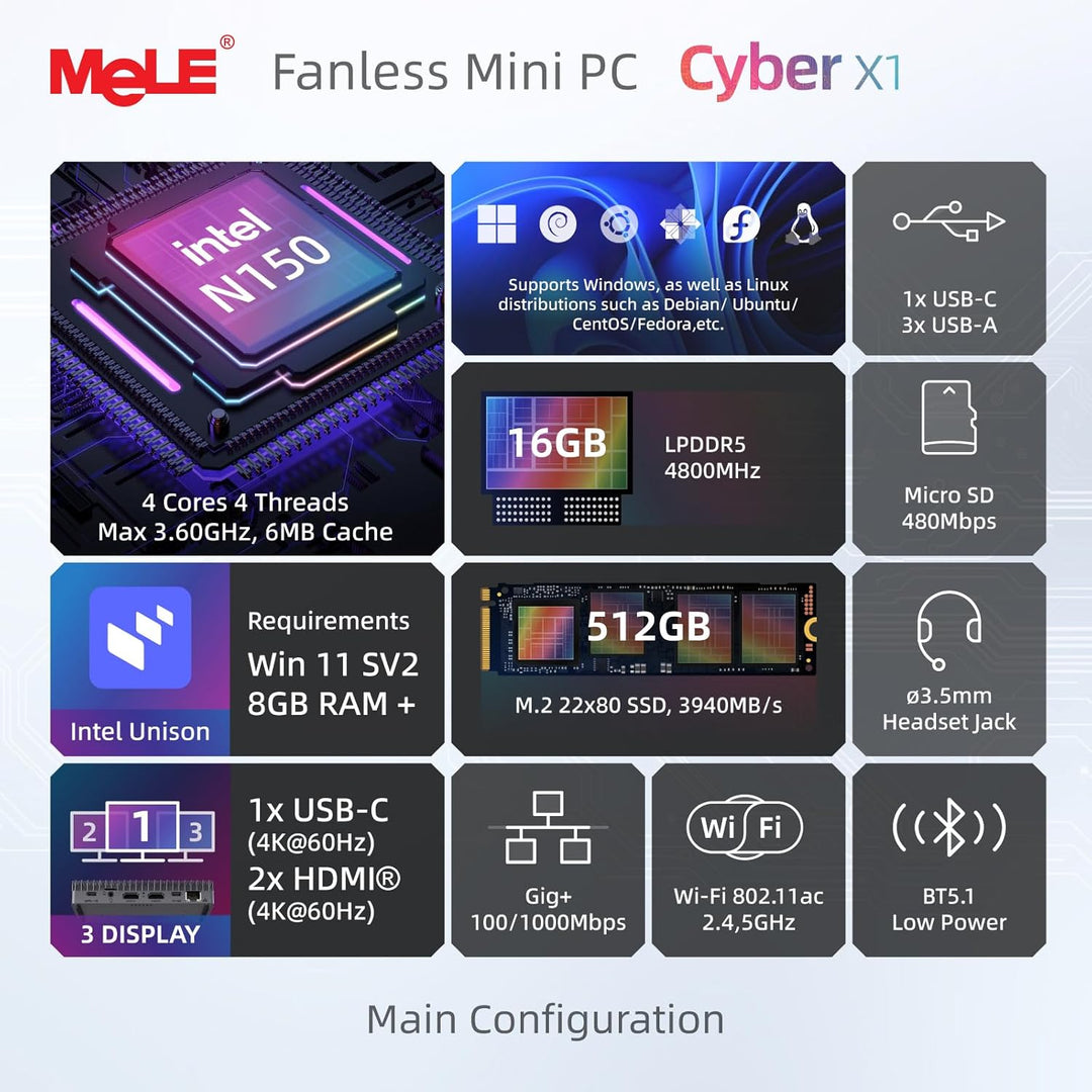 MeLE Cyber X1 Mini PC N150 (bis zu 3,6GHz, 4C/4T) 16GB LPDDR5 512GB Speicher Win 11 Pro Lüfterloser