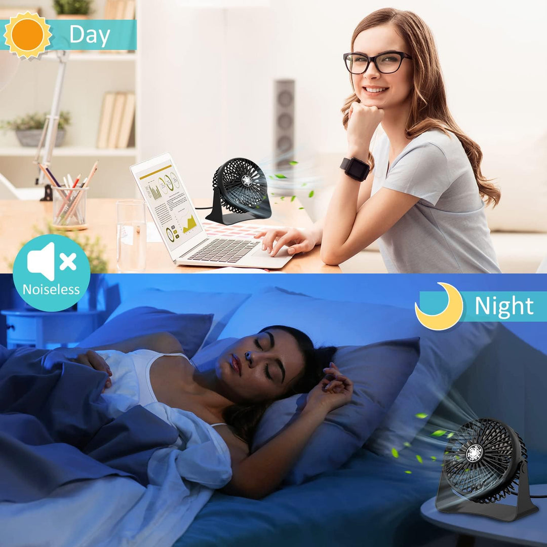OUILA Mini Leise Ventilator, 3 Geschwindigkeitsstufen Tischventilator mit 1.2m USB Kable, 360°Drehei