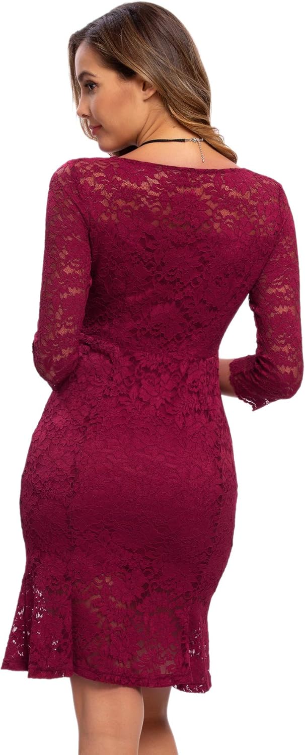 Atnlewhi Damen 3/4 Ärmel Kleid V-Ausschnitt Formeller Abend Bodycon Knielang Vintage Spitzenkleid El