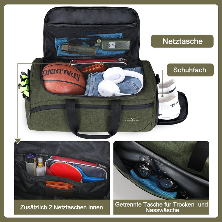 FIORETTO 35L Sporttasche &amp; Reisetasche für Damen und Herren, mit Schuhfach &amp; Nassfach, Wasserdicht T