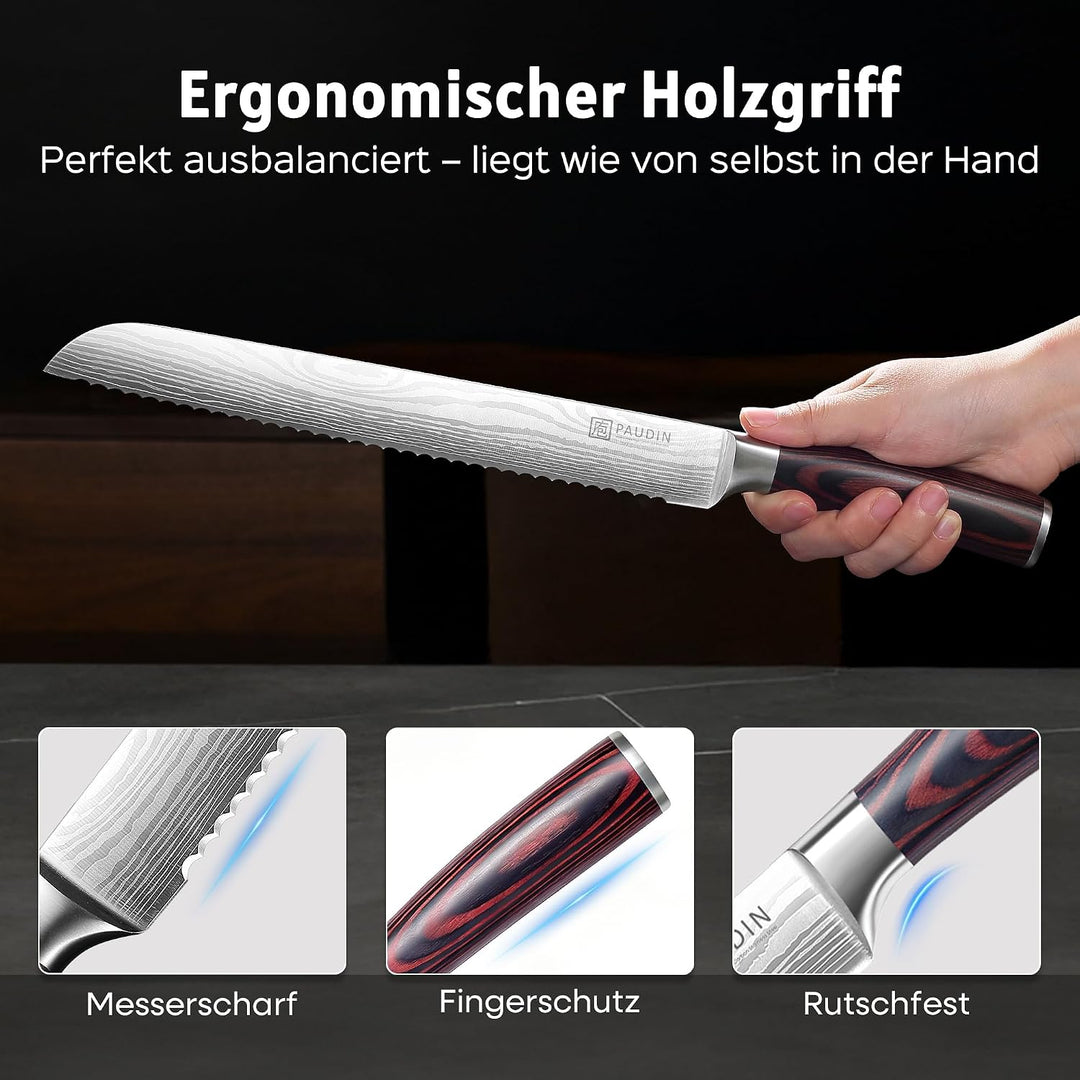PAUDIN Brotmesser mit Wellenschliff 26 cm aus hochwertigem rostfreiem Edelstahl, extra scharfe Messe