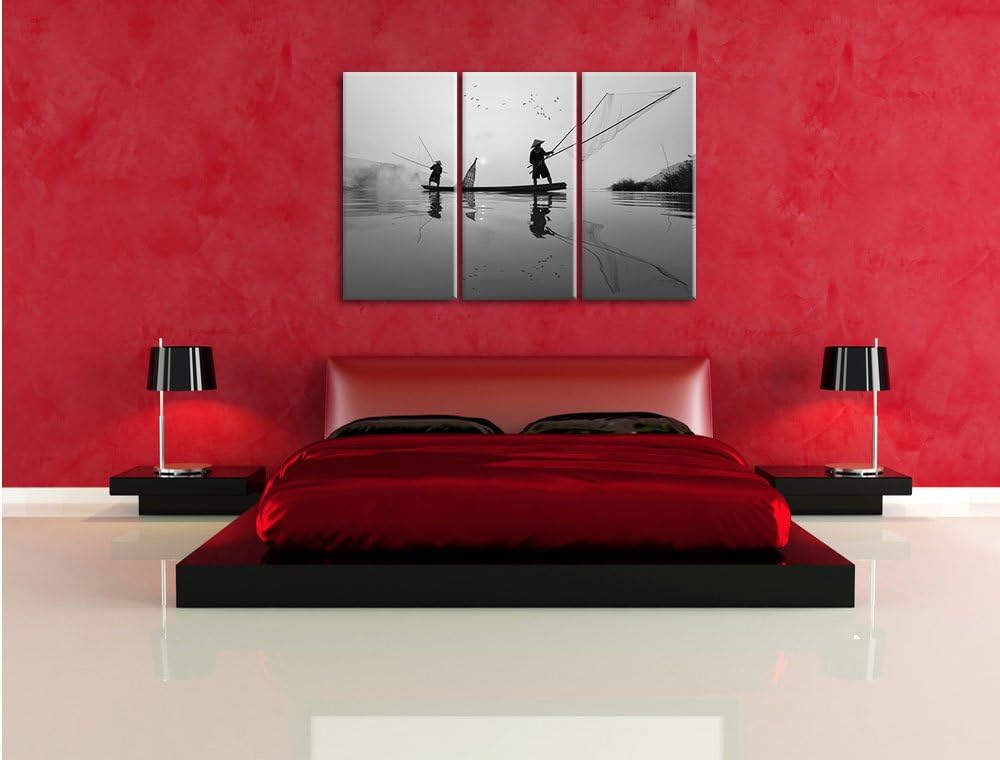 Pixxprint Fischer beim Angeln in Thailand / 3-Teilig/Gesamtmass 120cm Leinwandbild bespannt auf Holz