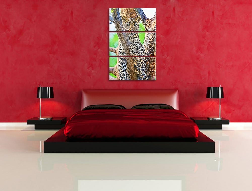 maiestätischer Leopard auf Baum Spezial 3-Teiler Leinwandbild 120x80 Bild auf Leinwand, XXL riesige