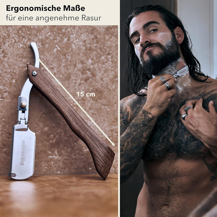 Störtebekker® Rasiermesser mit Holzgriff im handgefertigten Lederetui inkl. Alaunstift - inkl. Rasur