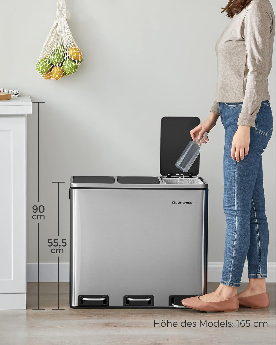 SONGMICS Mülleimer Küche, Mülltrennsystem, 3 x 18 L, Treteimer mit 3 Fächern, Abfalleimer, Softclose