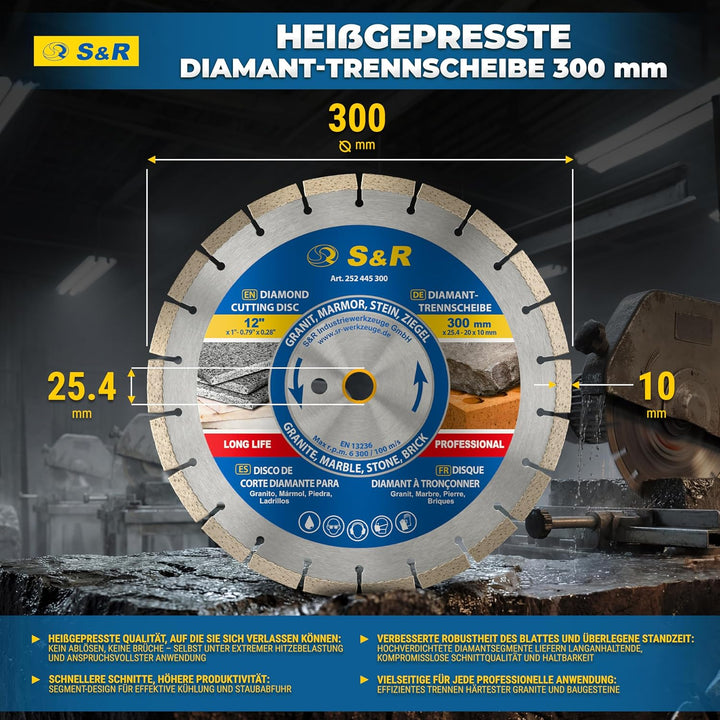 S&amp;R Diamant-Trennscheibe 300 x 25.4 x 3.0 x 10 mm, Industrie-Qualität für Naturstein, Kunststein, Ma