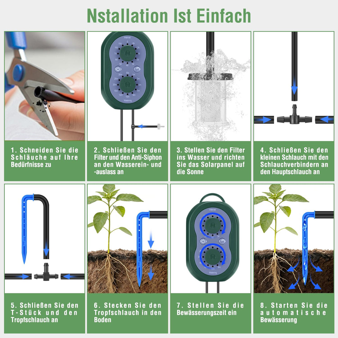 Solar Bewässerungssystem für 30 Topfpflanzen mit 35M Tropfschlauch | Automatische Bewässerung, Auto