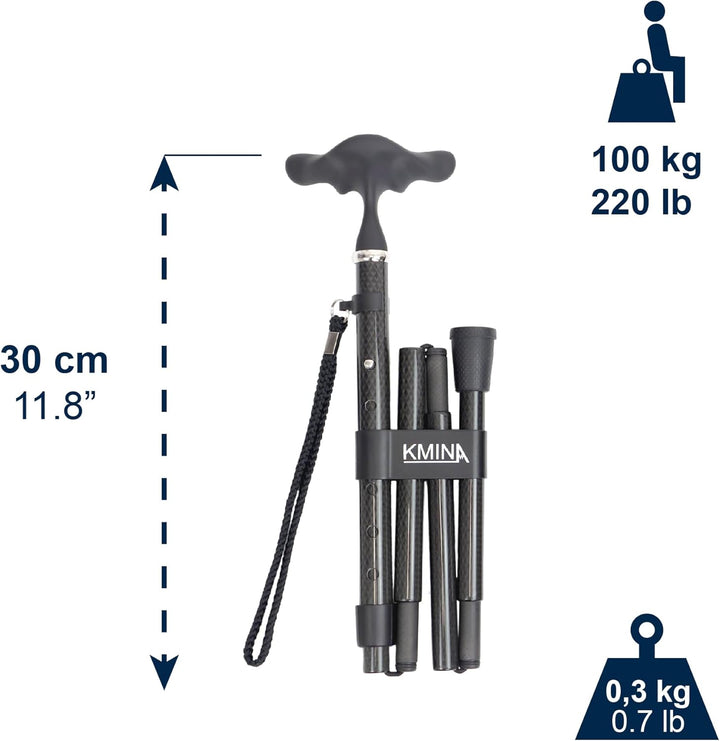 KMINA Gehstock Carbon Schwarz, Spazierstock für Damen und Herren, Leichtgewicht Kohlefaser Stock Höh