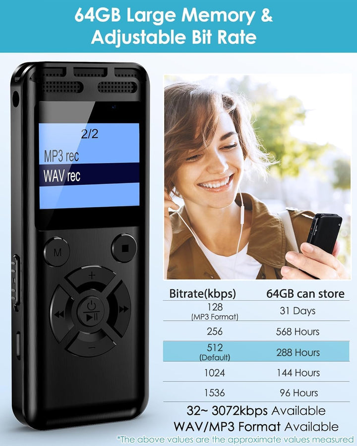 64GB Digitale Diktiergeräte Mit Geräuschunterdrückung 1536Kbps Hd-Stereo Metallener Sprachaktivierte