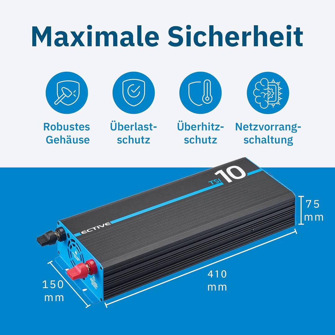 ECTIVE Reiner Sinsus Wechselrichter TSI 10-1000W, USB, 12V auf 230V, Überlastschutz, Überhitzungssch