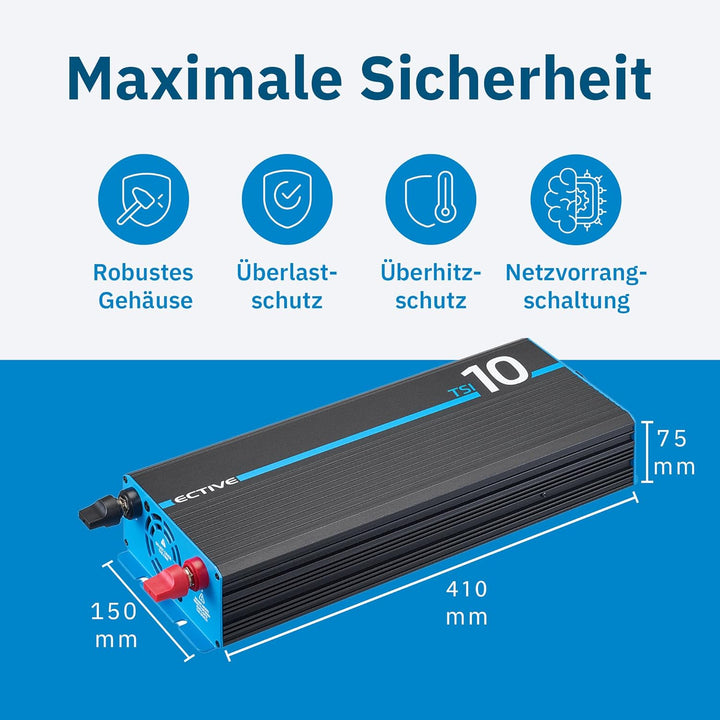 ECTIVE Reiner Sinsus Wechselrichter TSI 10-1000W, USB, 12V auf 230V, Überlastschutz, Überhitzungssch