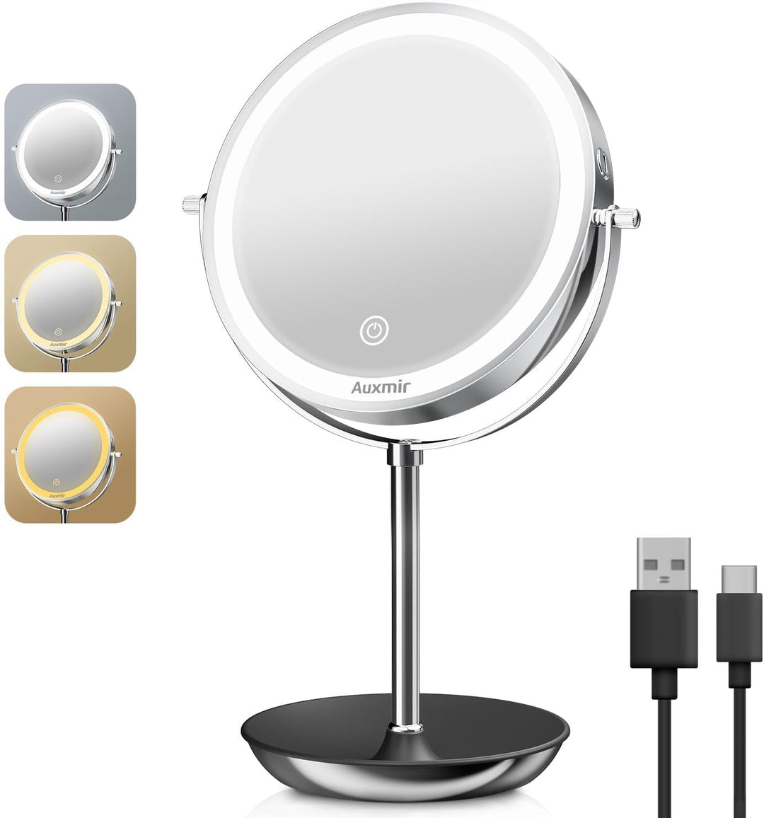 Auxmir Kosmetikspiegel Wiederaufladbar LED Beleuchtet, Doppelseitiger Schminkspiegel mit 1/10X Vergr