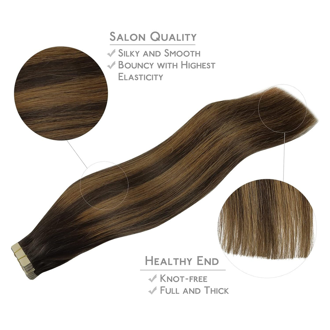 WENNALIFE Tape Extensions Echthaar, 20pcs 40g 30cm 12 Zoll Balayage Dunkel Braun to Chestnut Braun R