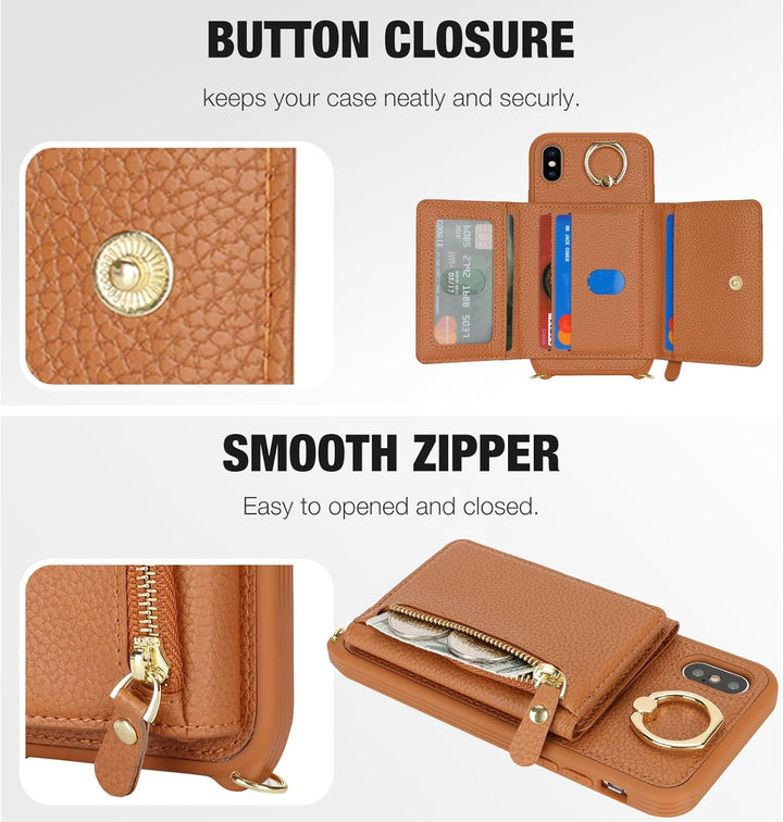 ELTEKER Handyhülle für iPhone XS Max Hülle mit Band Kartenfach Handykette Ringhalterung Geldbörse,Le