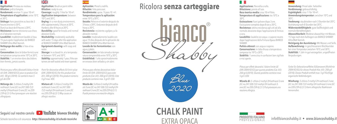 bianco Shabby® Blue 2020 Kreidefarbe Wasserbasis für Alle Oberflächen einfach zu verarbeiten ohne sc