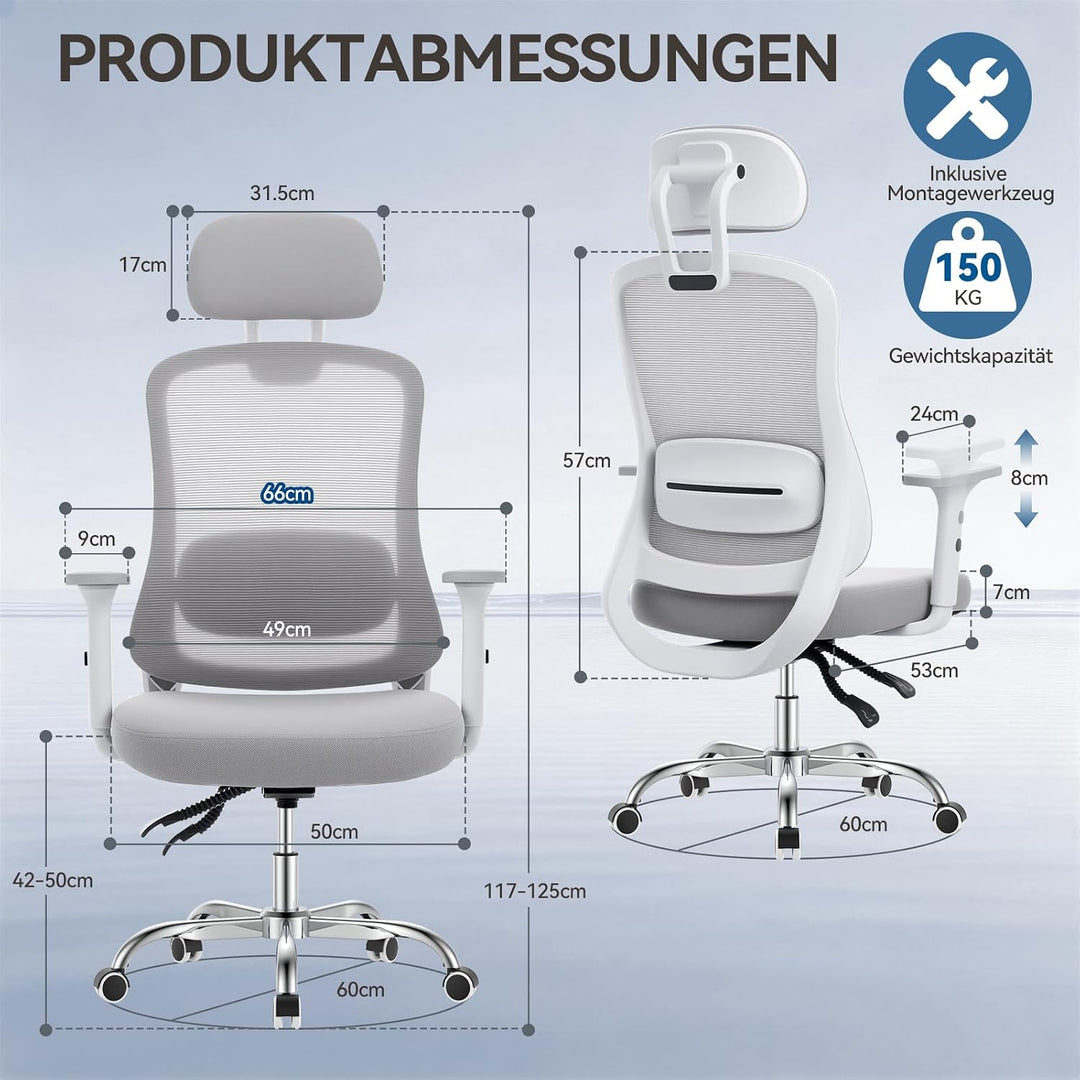 naspaluro 150kg Bürostuhl Ergonomisch Netzbezug 3D Armlehnen | Neigbare Rückenlehne mit Kopfstütze,