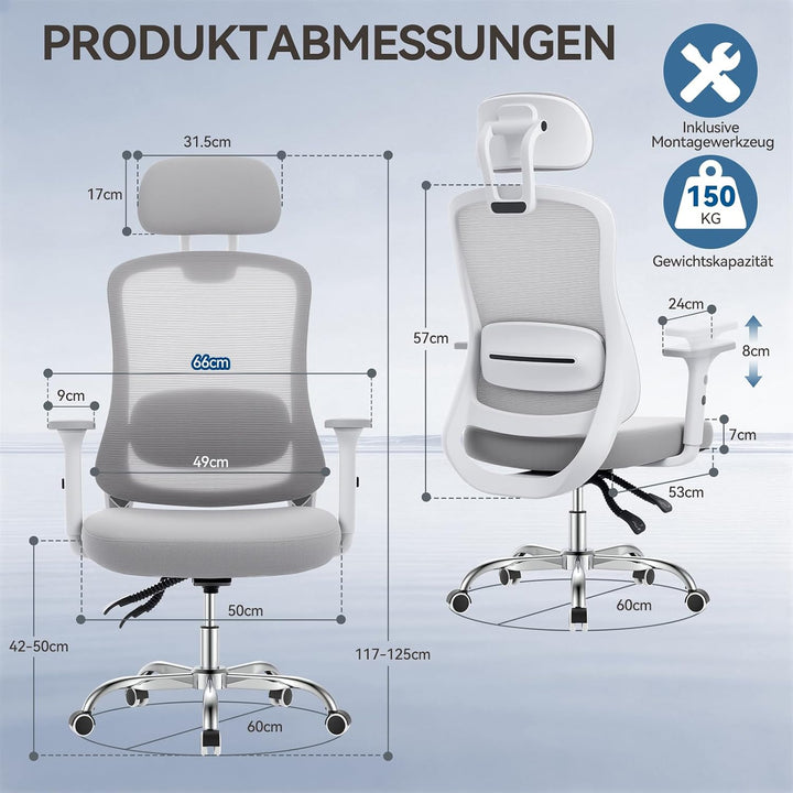 naspaluro 150kg Bürostuhl Ergonomisch Netzbezug 3D Armlehnen | Neigbare Rückenlehne mit Kopfstütze,