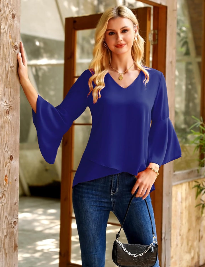 Gyabnw Damen Chiffon Bluse Volantärmeln Tunika 3/4 Arm Elegant Chiffontunika Festlich Chiffon Bluse
