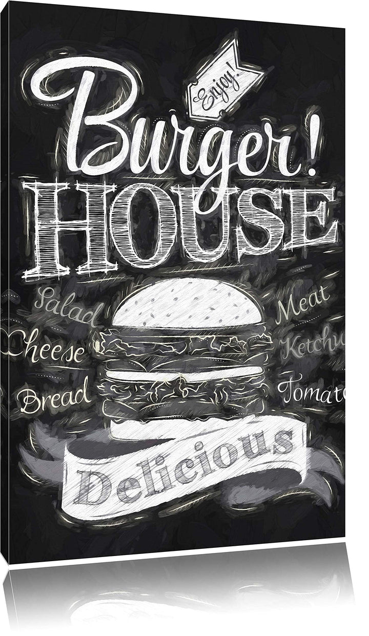 Pixxprint Burger House Pinsel Effekt, Format: 100x70 auf Leinwand, 100x70