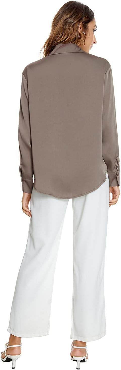 Atnlewhi Damen Bluse Langarm Knöpfen Satin Seide Hemden Basic Kent Kragen Arbeit Büro Formelle Casua