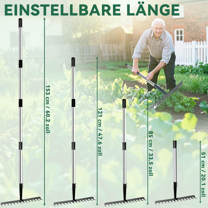 Harke Garten mit Stiel, Gartenrechen aus Metall mit 14 Zinken, Laubrechen mit Edelstahl Stiel zum Lo
