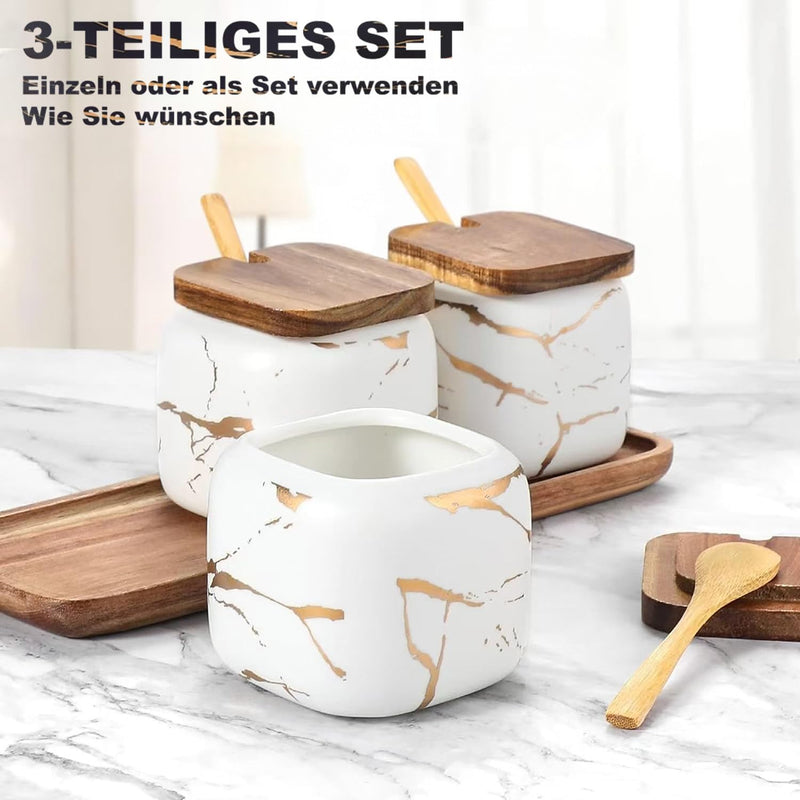 TELANKS Zuckerdose 3er Set mit Deckel und Löffel, Gewürzbehälter Keramik, Salzdose mit Deckel, Salzt