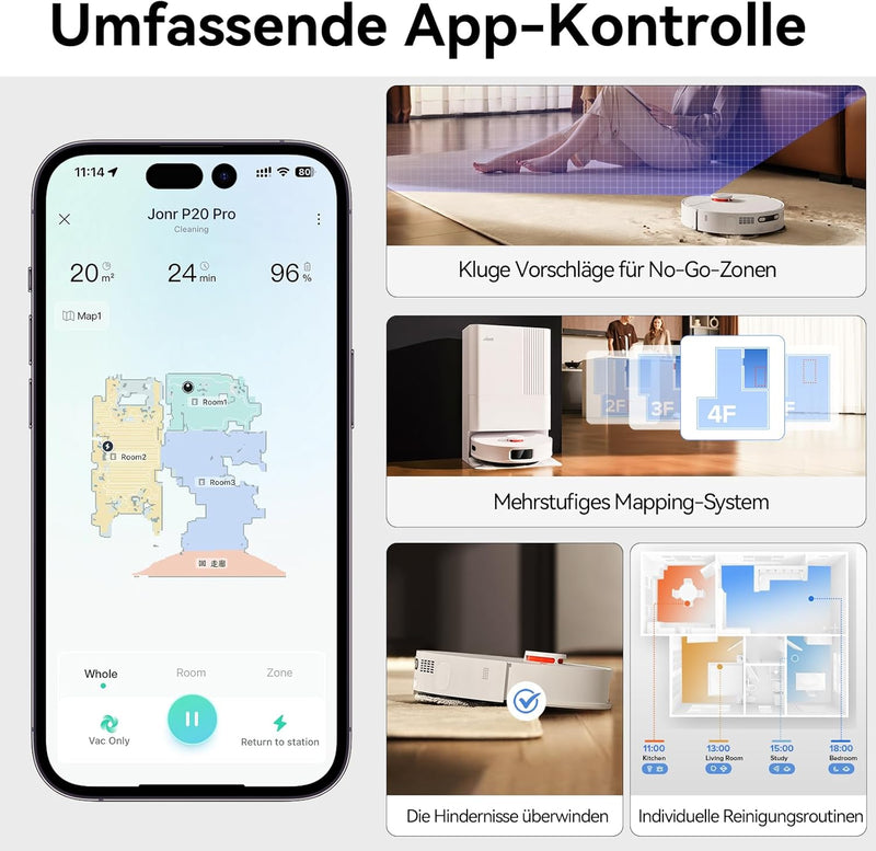 JONR P20 Pro Saugroboter mit Wischfunktion und Hubmop, 8000Pa All-in-One Reinigungsstation, Hinderni