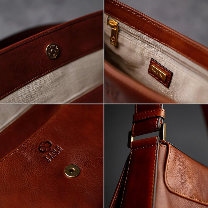 Time Resistance Lederhandtasche - Geldbörse aus Vollnarbenleder für Damen - Umhängetasche Cognac-bra