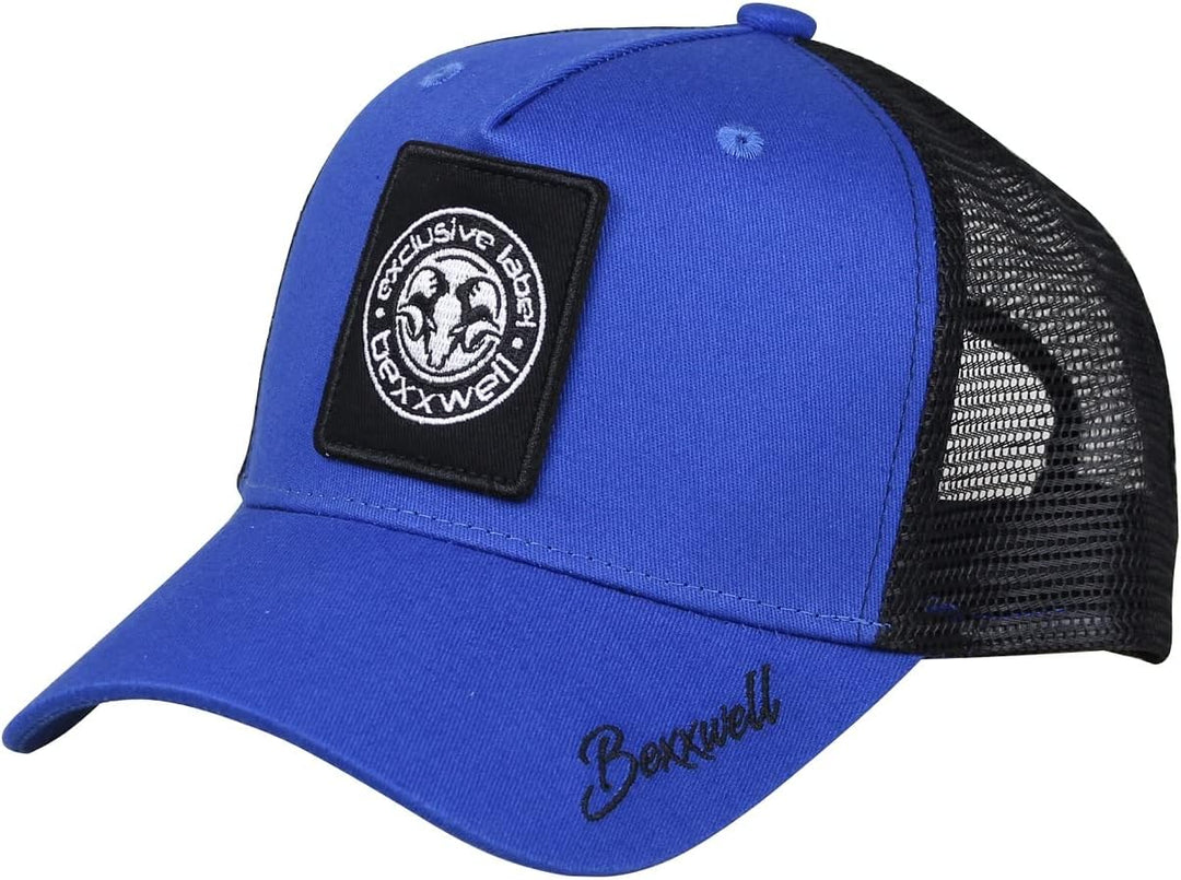 Bexxwell Trucker Cap blau/schwarz mit Logo-Patch (optimale Passform, Kappe, Blue, Black, Truckercap,