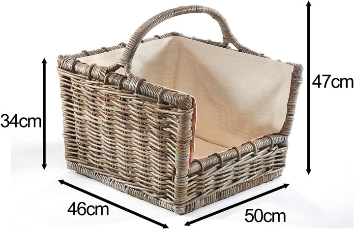 Kobolo Kaminholzkorb Holztrage Holzkorb für Kaminholz Rattan grau mit abnehmbarem Leinenstoff 50x46x