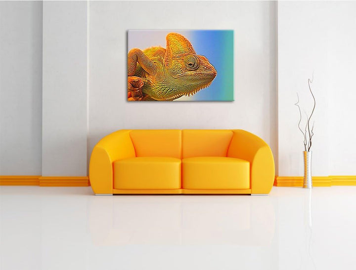 gelbes Chamäleon Deluxe Format: 100x70 cm auf Leinwand, XXL riesige Bilder fertig gerahmt mit Keilra