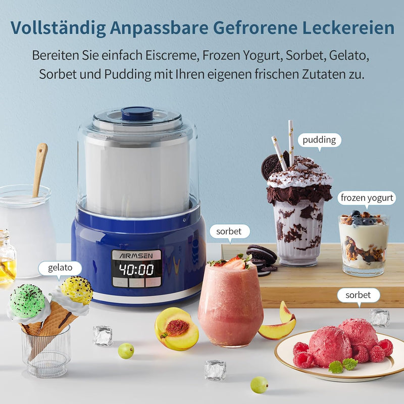 AIRMSEN Eismaschine mit LCD-Display Eismaschine Selbstkühlend für 2 L, 9 Programme, BPA-frei, für se