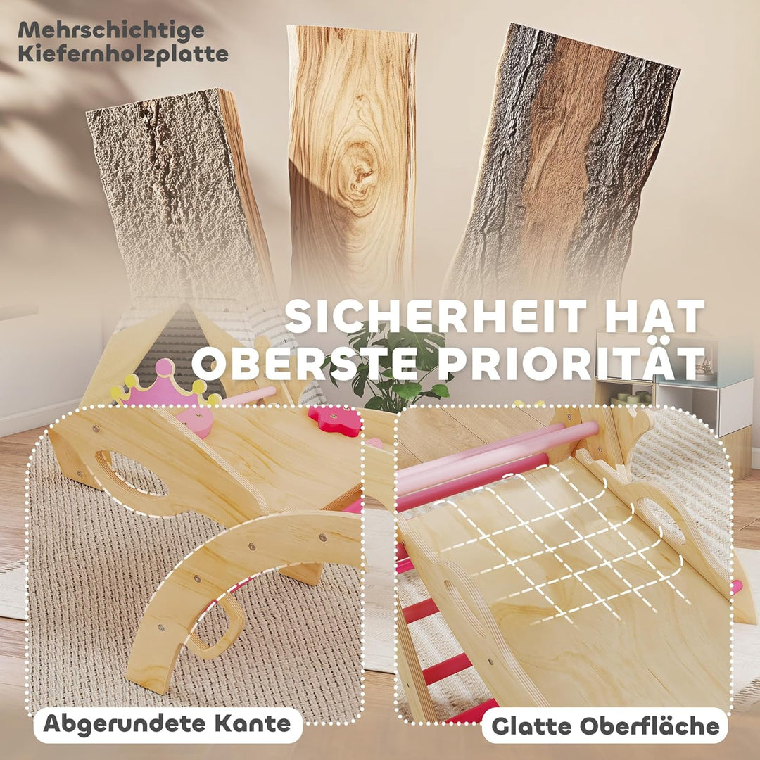 AIYAPLAY 8-in-1 Montessori Klettergerüst Indoor Holz Kletterdreieck mit Kletterbogen, Rutsche, Krone