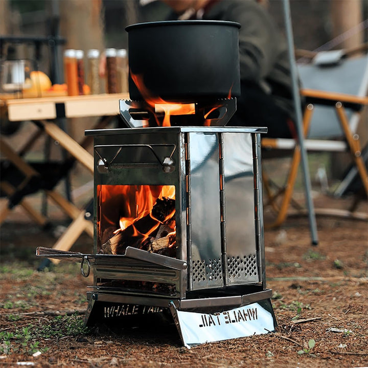 Klappbarer Campingkocher, tragbarer Mini-Grill, holzbefeuerter Campingkocher mit Grill, Edelstahl-He