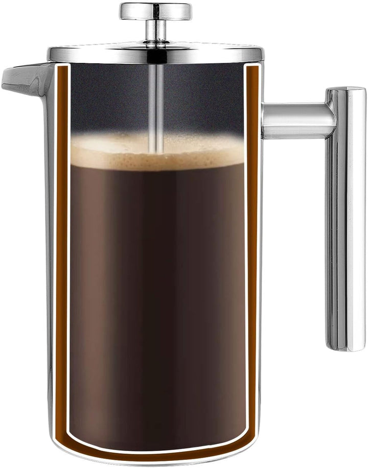 French Press Edelstahl Kaffeebereiter 1 Liter - Doppelwandige Thermo Kaffeepresse für Filterkaffee A