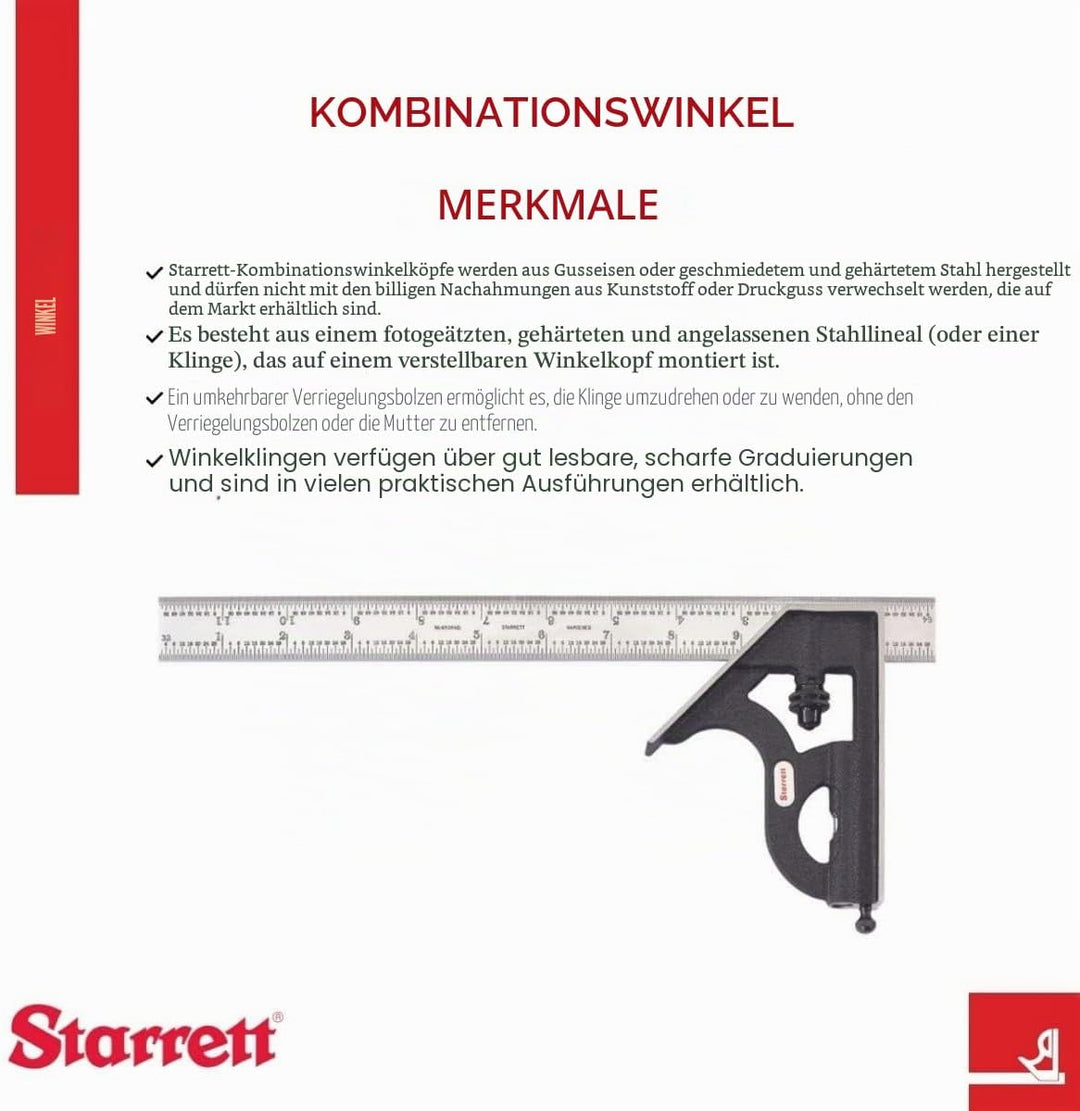 Starrett Stahl-Kombinationswinkel mit quadratischem Kopf – 30,5 cm Klingenlänge, Gusseisenkopf, gehä