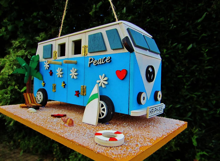 Nistkasten Camper, Hipppi Mobil, Vogelhaus zum Aufhängen, für Singvögel wie Spatzen, Meisen, Handarb