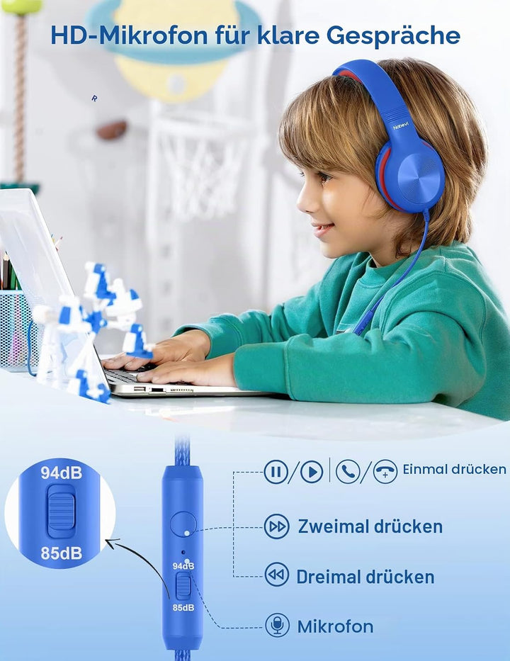 Nabevi Kopfhörer Kinder, Kinder Kopfhörer mit Kabel, 85/94dB Lautstärkegrenze, HD-Stereoton, Sharing