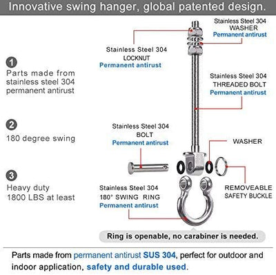 SELEWARE Schaukelhaken Edelstahl M10 x 170mm Gewindelänge, Schaukelhaken Schwerlast Hängesessel, Sch