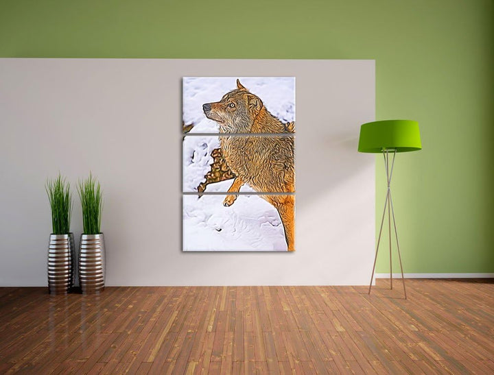 schöner Wolf im Schnee Spezial 3-Teiler Leinwandbild 120x80 Bild auf Leinwand, XXL riesige Bilder fe