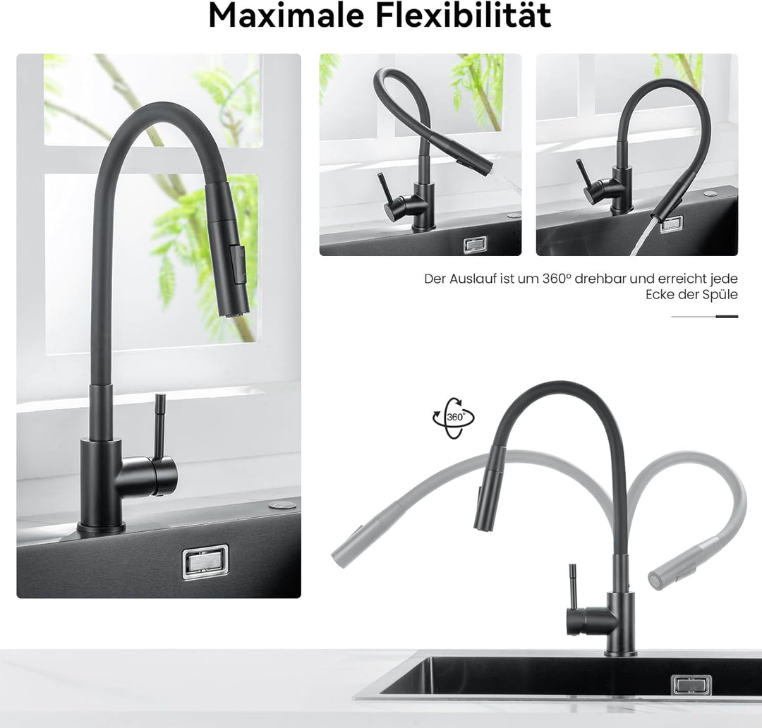 CECIPA Wasserhahn Küche Gebürstet, Flexibler Wasserhahn mit 2 Strahlarten, Küchenarmatur Schwarz 360